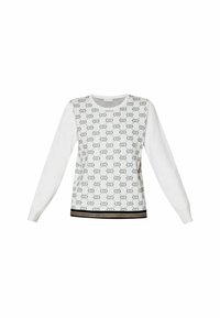 Maglione lavorato a maglia bianco con un motivo ripetuto in nero e argento, scollatura rotonda e maniche lunghe con orlo a strisce nere e dorate.