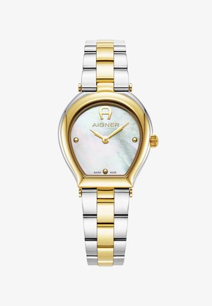 Reloj Aigner con una exclusiva pulsera asimétrica de acero inoxidable dorado y plateado. Presenta una esfera de nácar con marcadores de hora dorados.