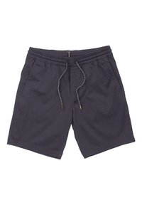 Dark gray shorts made of lightweight fabric, featuring a drawstring waist and side pockets for convenience. Smooth texture with no patterns.