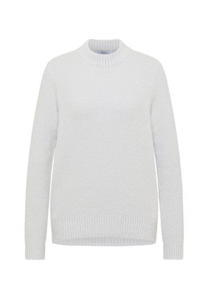 Hellgrauer Strickpullover mit Rundhalsausschnitt, langen Ärmeln, strukturiertem Muster sowie gerippten Bündchen und Saum.