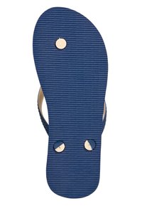 Chinelle marine avec une semelle texturée, deux rivets circulaires de couleur claire pour le maintien de la sangle, semelle intérieure ergonomique pour le confort.