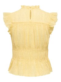 Blouse sans manches jaune texturée avec manches ballons volantées, taille smockée et col montant avec ouverture en forme de goutte boutonnée dans le dos.