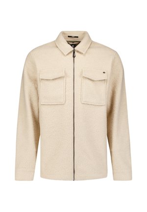 Beige fleece jack met een kraag, volledige ritssluiting, twee borstzakken en een gestructureerde stof. Heeft een subtiele merkl logo aangehecht.