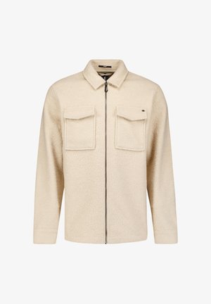 Beige Fleecejacke mit Kragen, durchgehendem Reißverschluss, zwei Brusttaschen und strukturierter Oberfläche. Mit dezentem Logo des Herstellers.