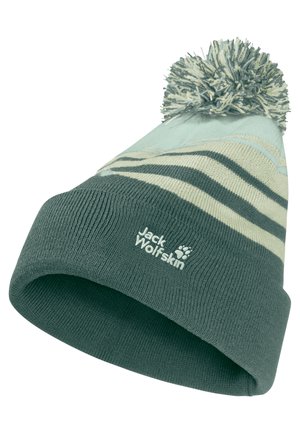 Cappello invernale lavorato a maglia verde e beige con righe e pon pon, con logo Jack Wolfskin sul risvolto.