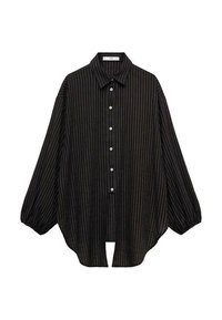 Camicia a righe nere con collo a camicia, chiusura con bottoni e maniche ampie. Caratterizzata da sottili righe verticali e una silhouette morbida.