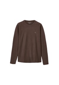 Maglietta marrone a maniche lunghe in cotone. Presenta una scollatura a girocollo e un piccolo logo sul lato sinistro del petto. Tessuto liscio con dettagli cuciti.