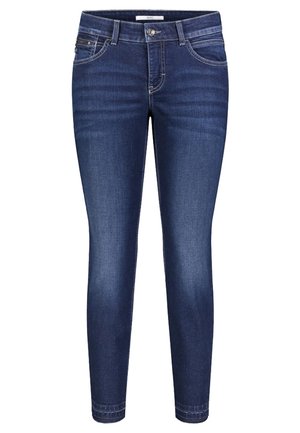 Mørkeblå skinny jeans med knap- og lynlåslukning, lommer foran og bagpå samt diskret falmet effekt på lårene.