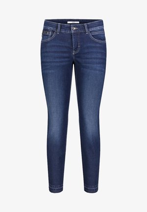 Ciemnoniebieskie jeansy o kroju slim fit z zapięciem na guzik i suwak, kieszeniami z przodu i z tyłu oraz subtelnym wyblakłym wzorem na udach.