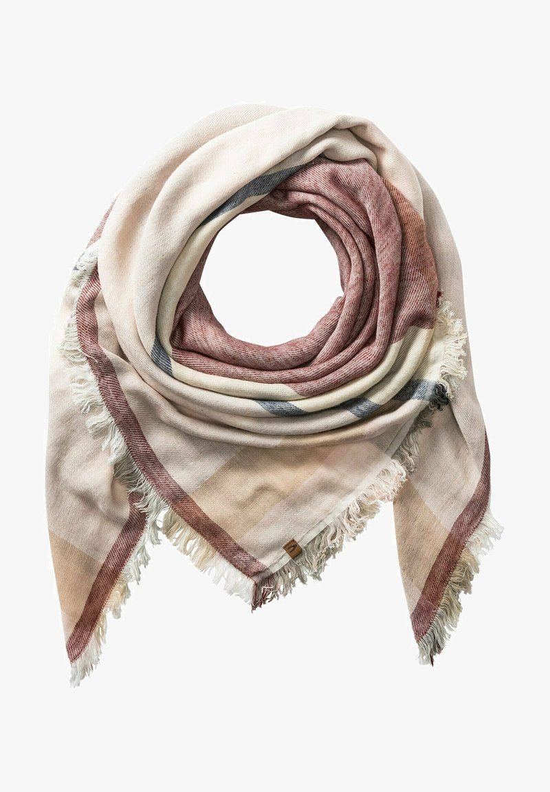 Écharpe tissée douce beige, rose et crème avec des bords frangés, pliée en forme circulaire sur fond blanc.