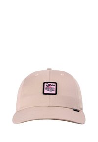 Beige cap made from cotton blend, featuring a rectangular pink and black logo patch on the front and a curved brim.
