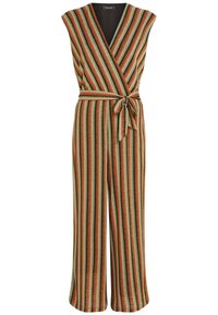 Gestreepte jumpsuit met een wikkeldesign, groene, oranje en bruine tinten, wijde benen en een strikdetail in de taille. Gemaakt van een gestructureerd materiaal.