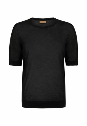 Top noir en maille à manches courtes avec col rond, poignets et ourlet côtelés, texture subtile, et une petite étiquette beige au niveau du col.