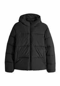 Schwarze Pufferjacke mit Kapuze, ausgestattet mit einem Front-Reißverschluss, vertikalem Steppmuster und Seitentaschen. Weicher, glatter Stoff.