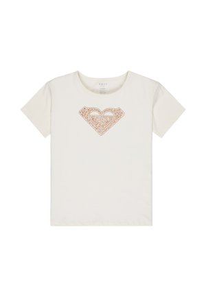 T-shirt blanc à manches courtes avec un col rond, orné d'un logo floral en forme de cœur marron centré sur la poitrine.