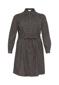 Grijs button-down kledingjurk met een kraag, lange mouwen en een riem in de taille; gemaakt van een gestructureerde stof met verticale strepen.