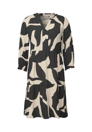 Abito midi a maniche lunghe con stampa astratta in bianco e nero, dotato di colletto arricciato e gonna a strati.