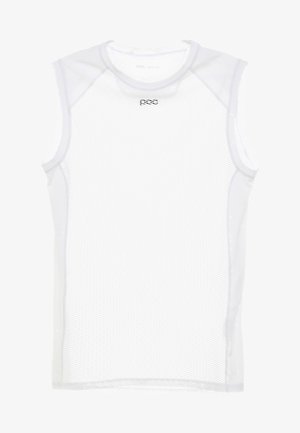 Valkoinen hihaton urheilupaita, joka on valmistettu verkkokankaasta. Paidassa on pyöreä kaula-aukko ja kevyt tekstuuri, sekä pieni musta logo edessä.