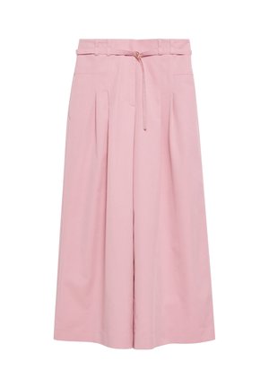 Pantaloni rosa a vita alta con gambe larghe, pieghe, passanti per cintura e sottile cintura a fiocco in vita.