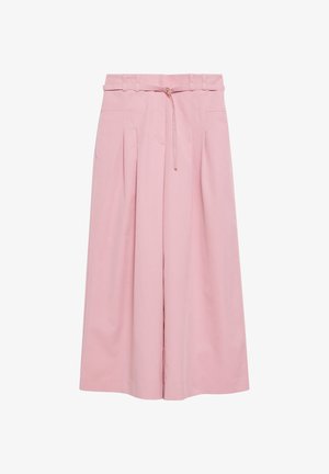 Pantaloni rosa a vita alta con gambe larghe, pieghe, passanti per cintura e sottile cintura a fiocco in vita.