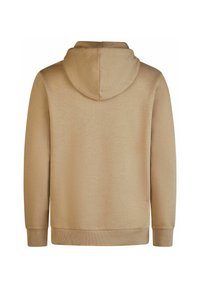 Beige hoodie with a large hood, long sleeves, ribbed cuffs, and hem. Made from soft, textured fabric with a smooth finish.