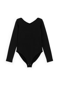 Schwarzer langärmeliger Body mit V-Ausschnitt und Druckknopf-Verschlüssen im Schritt, flach auf einem weißen Hintergrund ausgelegt.