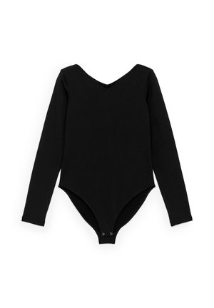 Schwarzer langärmeliger Body mit V-Ausschnitt und Druckknopf-Verschlüssen im Schritt, flach auf einem weißen Hintergrund ausgelegt.