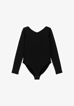 Schwarzer langärmeliger Body mit V-Ausschnitt und Druckknopf-Verschlüssen im Schritt, flach auf einem weißen Hintergrund ausgelegt.