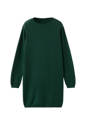 Abito verde a maglia con maniche lunghe, scollatura rotonda e vestibilità comoda. Texture liscia e lunghezza fino a metà coscia. Senza motivi o hardware visibile.