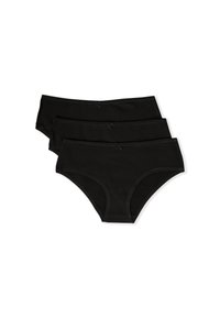 Tre par svarta bomullsunderkläder med en slät textur, som har en mjuk midjeresår och dekorativa rosetter på baksidan.