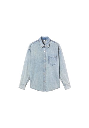 Light blue denim shirt with long sleeves, buttoned front, collar, and a single chest pocket. Features contrast stitching and standard fit.