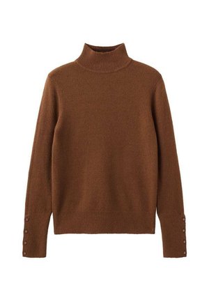 Brown turtleneck sweater in a soft material, featuring ribbed cuffs with button accents and a fitted design. Smooth texture throughout.