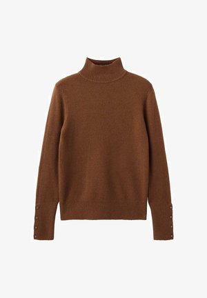 Brauner Rollkragenpullover aus einem weichen Material, mit gerippten Bündchen und Knopfdetails sowie einer taillierten Passform. Gleichmäßige, glatte Textur.