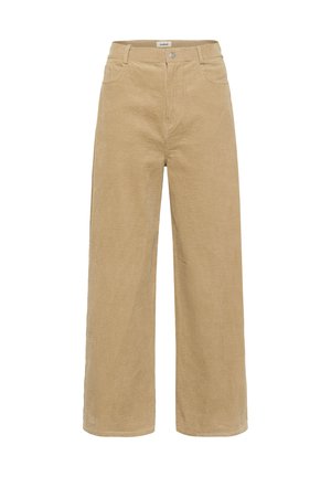 Pantaloni in corda beige a gamba larga con passanti per cintura, chiusura con bottone e zip, dotati di tasche frontali su uno sfondo bianco.