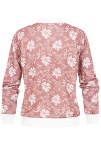 Roze lange mouwen jas met wit bloemenpatroon, witte manchetten en witte kraag, gezien van achteren.