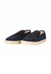 Scarpe slip-on in camoscio blu navy con suola in juta intrecciata e dettagli testurizzati. Presentano una parte anteriore piatta e una punta tonda per una vestibilità comoda.