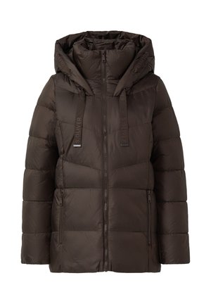 Braune Pufferjacke mit Kapuze, ausgestattet mit einem Reißverschluss, kontrastierenden Kordeln und einer gesteppten Textur. Seitentaschen sind ebenfalls vorhanden.