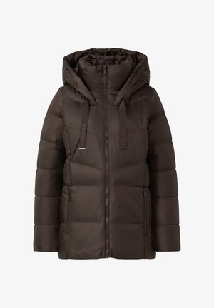 Brązowa kurtka puchowa z kapturem, z zamkiem z przodu, kontrastującymi sznurkami ściągającymi oraz pikowaną fakturą. Wbudowane kieszenie boczne.