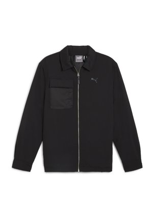 Sort hættejakke med lynlås, krave, venstre brystlomme og diskret logo-detalje. Fremstillet af en glat, letvægtsstof.