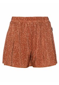 Shorts plissés couleur rouille avec motif tacheté blanc et ceinture élastique, étiquette sur le côté droit.