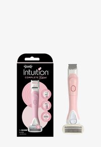 Wilkinson Intuition Complete Bikini razor in pink and white plastic; features integrated trimmer, waterproof design, and button for operation.