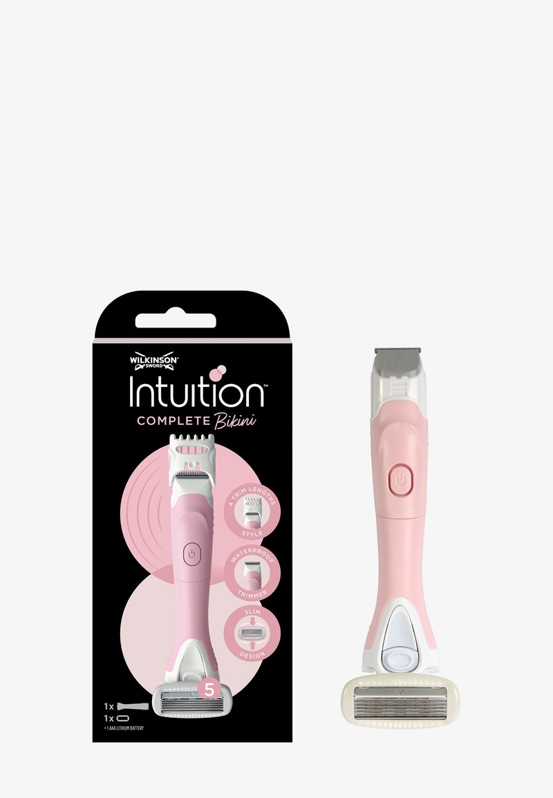 Wilkinson Intuition Complete Bikini razor in pink and white plastic; features integrated trimmer, waterproof design, and button for operation.