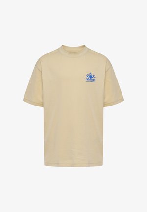 Lysebeige T-shirt lavet af bomuld, med rund hals, korte ærmer og et blåtryk af logo på venstre bryst.