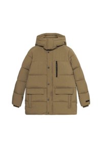 Giubbotto imbottito marrone con cappuccio, dotato di una tasca sul petto con zip, due tasche frontali e un design trapuntato per l'isolamento.