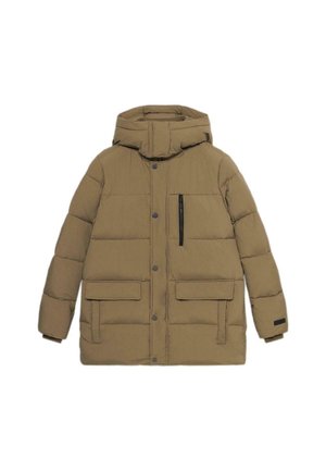 Braune Daunenjacke mit Kapuze, ausgestattet mit einer mit Reißverschluss versehenen Brusttasche, zwei Fronttaschen und einem gesteppten Design zur Isolierung.