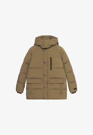 Hnědá péřová bunda s kapucí, vybavená zipovou náprsní kapsou, dvěma předními kapsami a prošívaným designem pro izolaci.