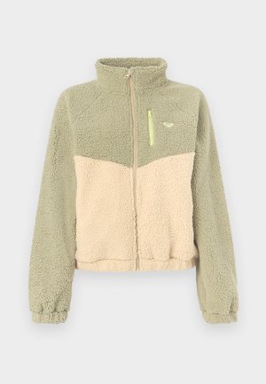 Veste polaire bicolore vert et beige avec fermeture éclair intégrale à l'avant, col montant, poignets élastiques et poche poitrine zippée.