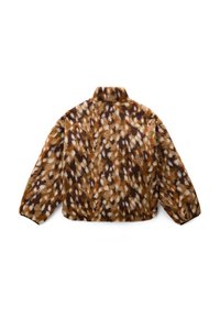 Μαλακό καφέ και μπεζ μπουφάν με animal print, μακριά μανίκια και ψηλό γιακά, εμφανίζεται από πίσω σε λευκό φόντο.