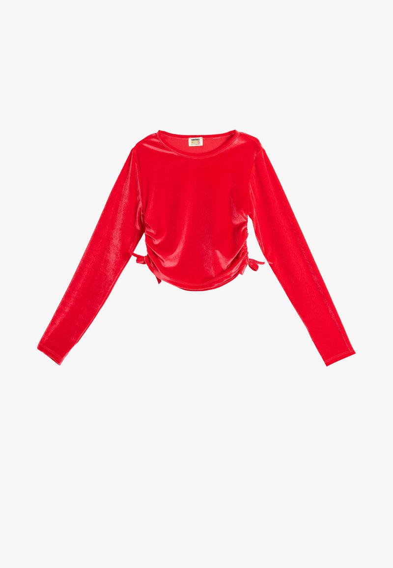 Rotes, langärmliges, verkürztes Oberteil aus glänzendem, glattem Material. Verfügt über Raffungen an den Seiten mit gebundenen Akzenten.