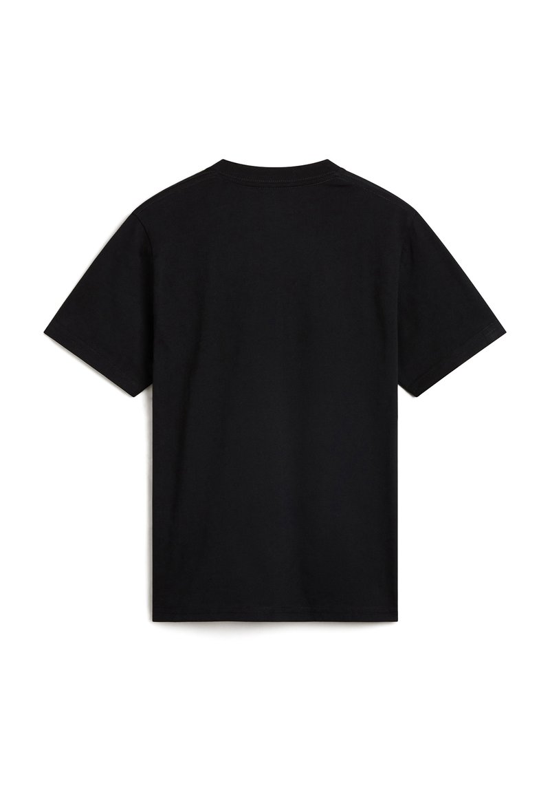 Camiseta de algodón negra con mangas cortas, cuello redondo y una espalda lisa sin gráficos ni detalles visibles.